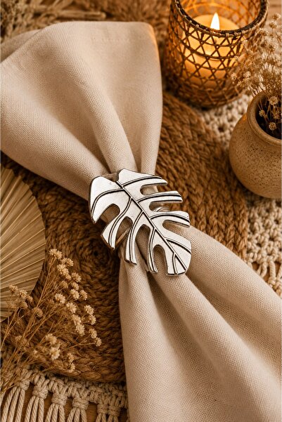 Emtory Home 6 Adet Gümüş Tropical Leaf Metal Peçete Halkası - Napkin Ring