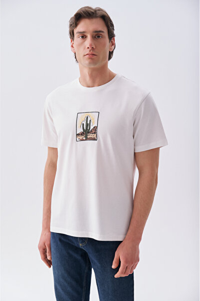 Mudo Men's Stone Color Embroidered Oversize Crew Neck T-Shirt