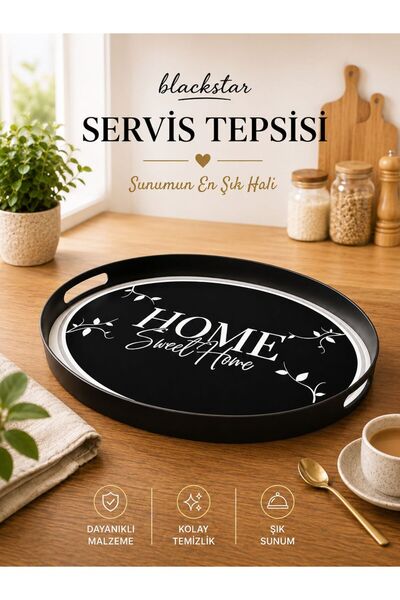 Blackstar Home Sweet Home Desenli Oval Tepsi Siyah