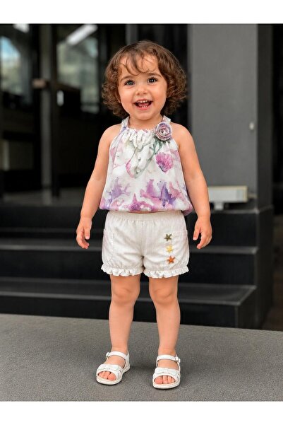 NS ATEİLER Girl's Summer Set Sea Breeze Collection Strappy Top and Shorts Cot...