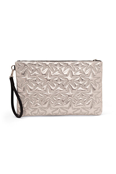 Ecrou Star Patterned Soft Silver Shiny Portfolio & Clutch Bag with Removable ...