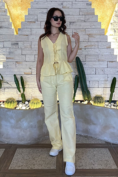 LEVURE Beli Lastikli Müslin Pantolon - Sarı SARI