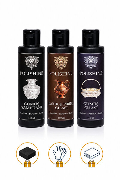 POLİSHİNE Gümüş ve Bakır Parlatma Seti Cila 150ml Şampuan 150ml Bakır Pirinç ...