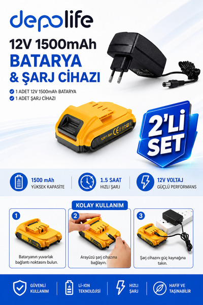 Depolife Şarlı Matkap Yedek Akü 12v Batarya ve şarj Adaptör cihazı 2li set Ma...