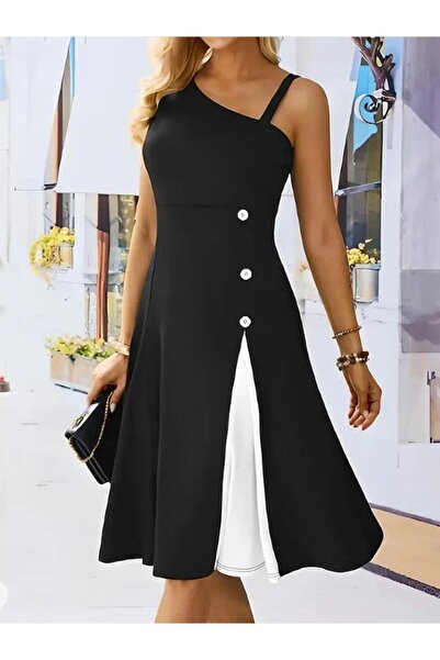 Generic Brand Women's One-Shoulder Stripe Detailed Sleeveless Viscose Dress w...