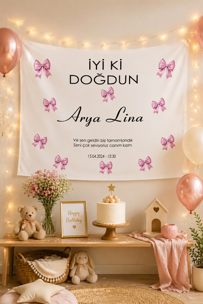 Vendini Kaliteli Kumaş , Kişiye Özel Doğum Günü Duvar Örtüsü Pembe Fiyonk