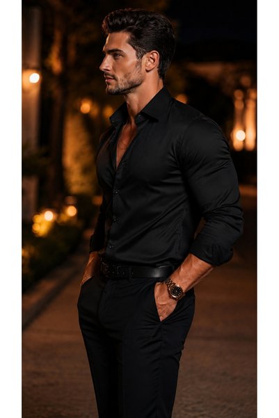 BYBÜLENT Men's Black Long Sleeve Slim Fit Cotton Satin Special Edition Premium Quality Shirt