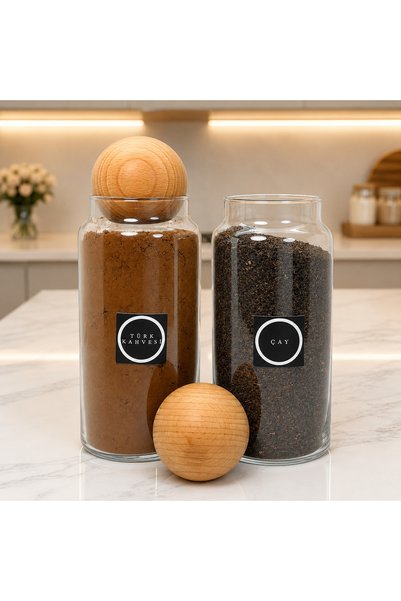 mafa home 2-Piece Wooden Ball Lid Turkish Coffee Tea Glass Storage Jar 1400 ml with Tag Gift