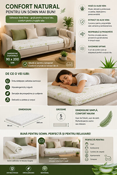 Extramall Topper Saltea 90x200 cm Aloe Vera, Confort Extra, Husă Antibacteria...