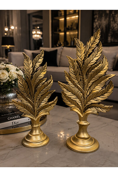 COOLOVS Dekoratif 2’li Yaprak Set Gold Polyester Salon Konsol Objesi 41x20 cm...