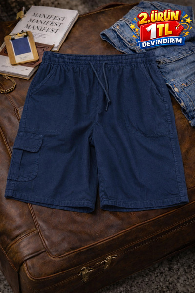 DAMGA JEANS Erkek Şık Trend Bol Kargo Cepli Lacivert Keten Şort