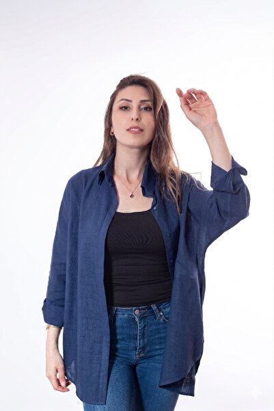 Justime Kadın Oversize Pamuk Keten Saks Mavisi Gömlek ( 100% Flamlı )