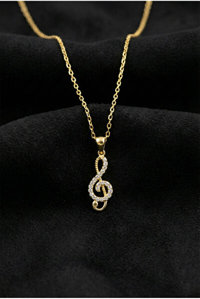 Roza Silver 925 Ayar Zirkon Taşlı Gold Sol Anahtarı Minimal Gümüş Kolye