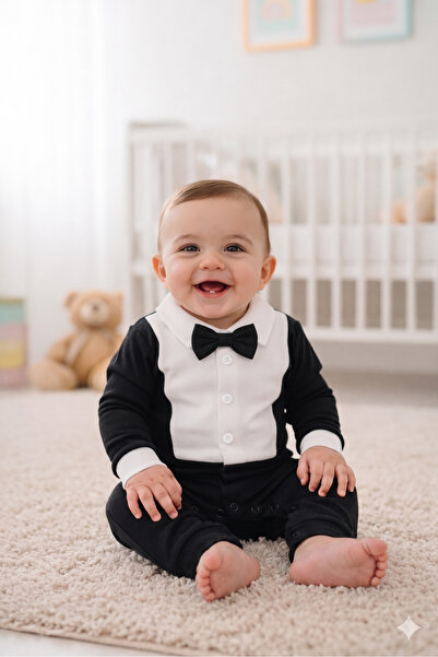 genybaby Erkek Bebek Siyah Smokin Tulum - Papyonlu Özel Gün Kıyafeti (0-12 Ay)