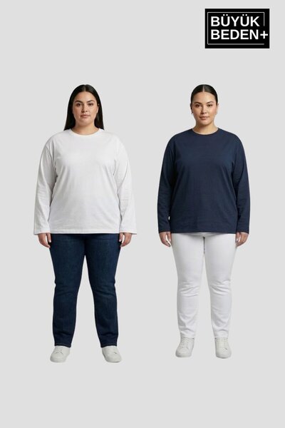 Süperlife Women's Plus Size 2-Piece Set Long Sleeve 2 Thread Crew Neck T-Shir...