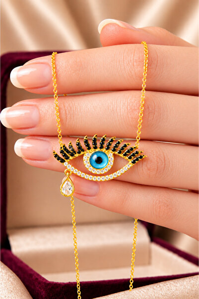 ÇEKİRDEK JEWELRY 925 Ayar Gümüş Sarı Altın Renk Nazar Göz Kolye | Zirkon Taşl...
