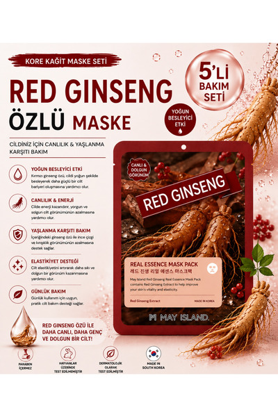 May Island Red Ginseng Yüz Maskesi 5’li – Yoğun Besleyici & Güçlendirici Kore...