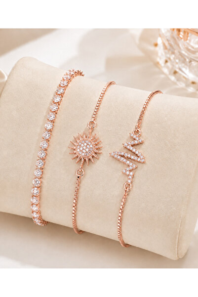 Merand 3-Piece Women's Steel Bracelet Set Rose Gold Color Zircon Stone Sun an...