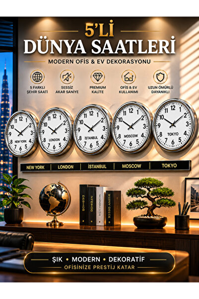 KOLAYEV 5’li Dünya Saatleri Duvar Saati Modern Ofis Dekorasyon London New Yor...