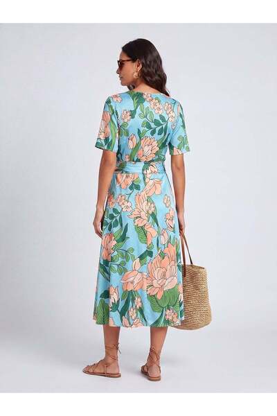 FARREN Women's Green Floral Print Belted Midi Dress – Lunaria Fit |   Fluid Weaving |   Elegant V-Neck
