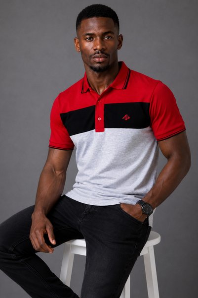 Mesh 100% Cotton Men's Polo Collar T-shirt, Colorful Striped Short Sleeve Split Model, Mountain Logo Design