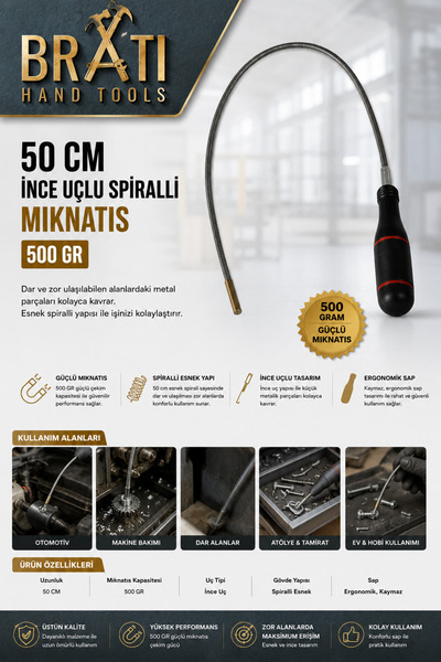 BRATİ HAND TOOLS 50 CM İnce Uçlu Spiralli Mıknatıs 500 GR