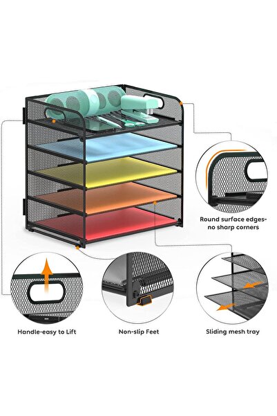Arabest 5-Tier Letter Tray Paper Organizer, Metal Desk File Organizer with Ha...