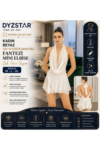 DYZSTAR Kadın Beyaz Sırt ve Göğüs Dekolteli Mini Elbise Boyundan Bağlamalı Şı...