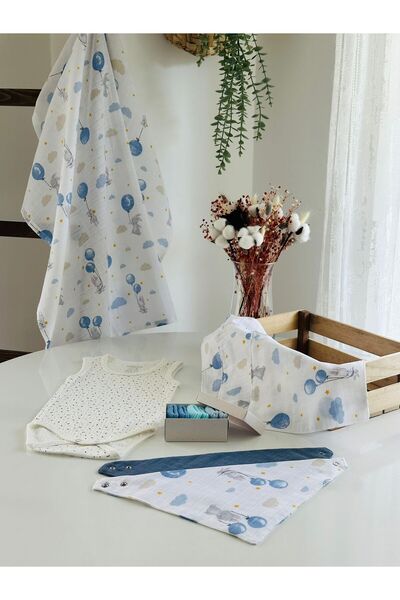 Fulya Tuhafiye Muslin & Bamboo Newborn Gift Set (Blanket, Handkerchief, Bib, Bodysuit, Socks)
