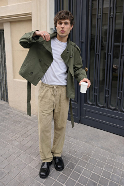 DAMGA JEANS Men's Trend Low Waist Loose Beige Linen Trousers