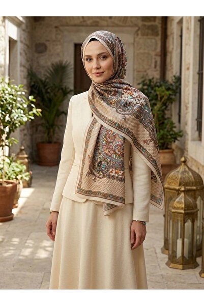 Vissona %100 İPEK ETRO DESENLİ BEJ - PETROL YEŞİLİ RENKLİ ŞAL