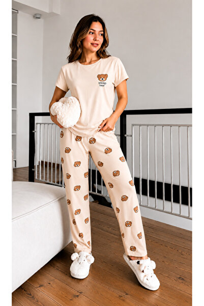 WALJA Ayıcık Desenli Kadın Kısa Kollu Pijama Takımı Rahat Kesim Ev Giyim Seti
