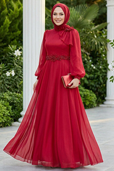 Neva Style Çiçek Detaylı Bordo Tesettür Abiye Elbise 22310BR
