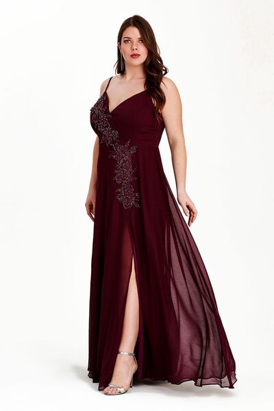 EVEN plus size Bordo Askılı Taşlı Şifon Büyük Beden Abiye Elbise