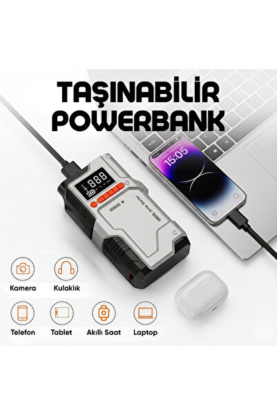 Enshall HARVOX 4’ü 1 Arada Akü Takviye Cihazı 150 PSI Kompresör Lastik Şişirme Pompası Led Işıklı Powerbank Özellikli Acil Durum 1000A Akü Takviye Cihazı Araç Motor Lastik Şişirme Hava Kompresörü