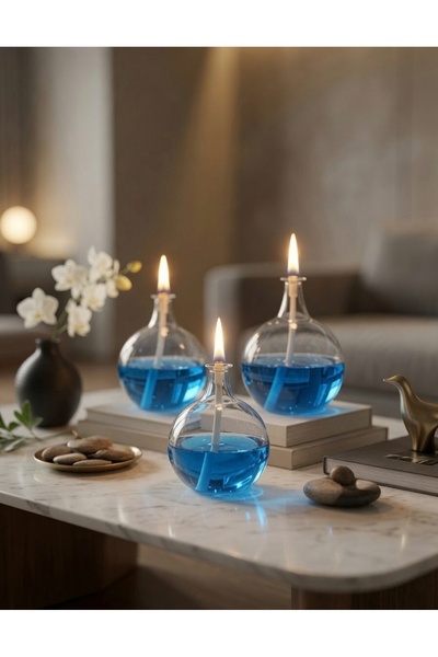 Shabbo Glass Ayaksız Drops Cam Kandil 3'lü Set + Kandil Yağı