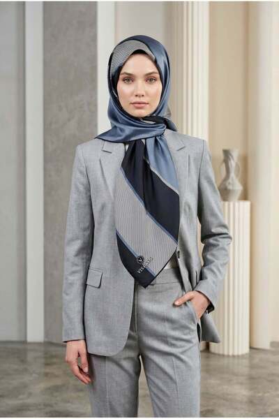 Vissona %100 Twill İpek Geometrik Desenli İndigo Renkli 90x90 Eşarp Dikim Şek...