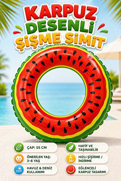 viyol marketim Karpuz Desenli Çocuk Şişme Simit 55 cm – Havuz Simidi, Deniz S...