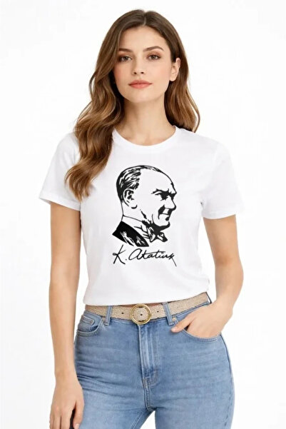 Generic Brand Ataturk Printed T-Shirt Short Sleeve Crew Neck T-Shirt - White