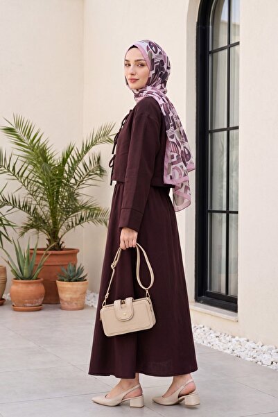 Modamorfo Linen Look Suit with Lace-Up Front and Elastic Waist Skirt - Dark P...