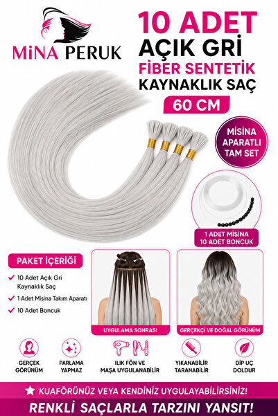 Mina Peruk AÇIK GRİ Fiber Sentetik Renkli Boncuk Kaynak Saç Açık Gri 10 Adet ...