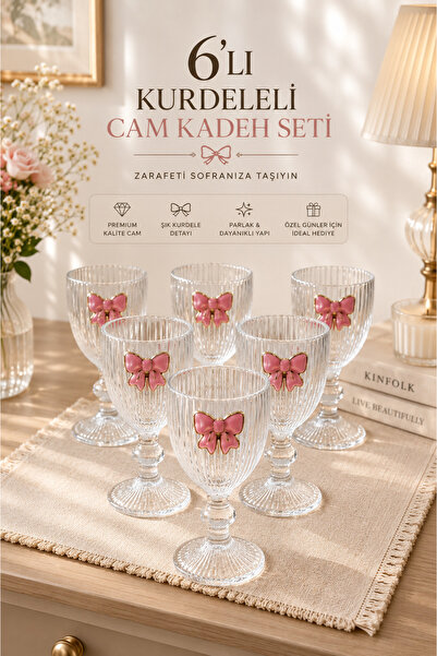 YzHome 6 Lı Cam Kurdele Figürlü Kahve Yanı Su Bardağı Bardak 75ml