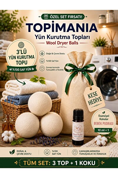 Doğal Yerli Üretim Çamaşır Yün Kurutma Topu 3 Adet Kurutma Topu + bebek pudrası 1 Adet 10 ml