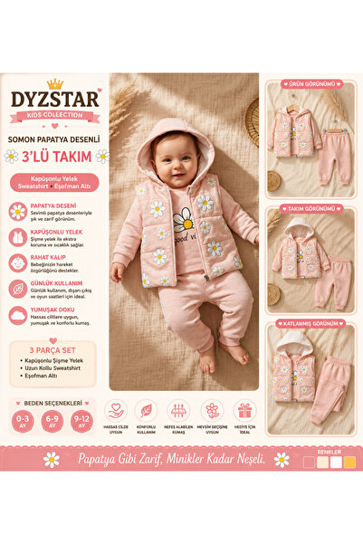 DYZSTAR طقم ثلاثي للبنات الصغيرات باللون الوردي مع سترة قابلة للنفخ مزينة بال...
