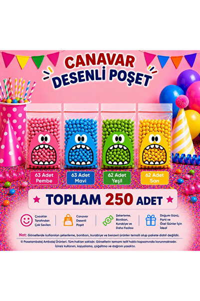 CarpCorn 250 Adet 4 Renkli Canavar Desenli Cake Pop & Kurabiye Poşeti - 10x15 cm
