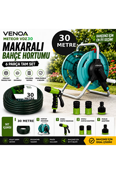 Venoa Meteor VDZ30 Kırılmaz Örgülü Makaralı Bahçe Su Hortumu 30 Mt 6 Parça