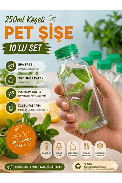 troykar Özer Home 10 lu 250 ml Sızdırmaz Kapaklı Kare Detoks Meyve Suyu Şişe ...