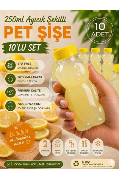 troykar Özer Home 10 lu 250 ml Sızdırmaz Kapaklı Ayıcıklı Detoks Meyve Suyu Ş...
