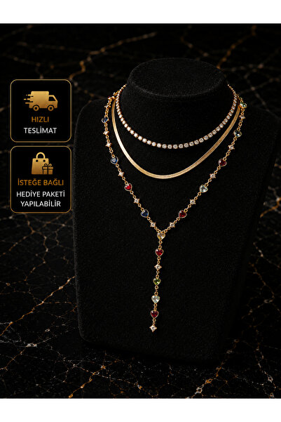 PURE BERRY 3'LÜ TREND Y KOLYE İTALYAN VE SU YOLU SET GOLD RENK