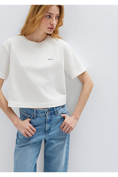 Mavi Ecru-T-Shirt mit Logo-Print, kurz geschnitten 1613984-70057